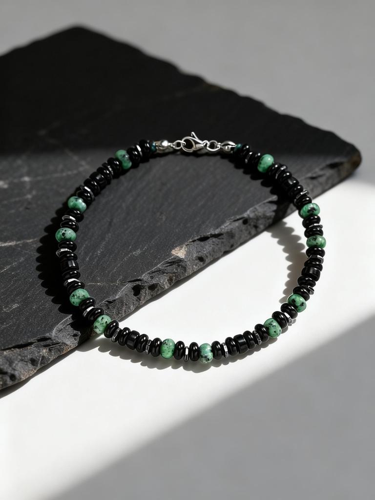Boho kotníkový náramek s korálky pro muže i ženy, Nerezová ocel stříbrná barva Černý lávový kámen Africké tyrkysové korálky, Letní plážové šperky