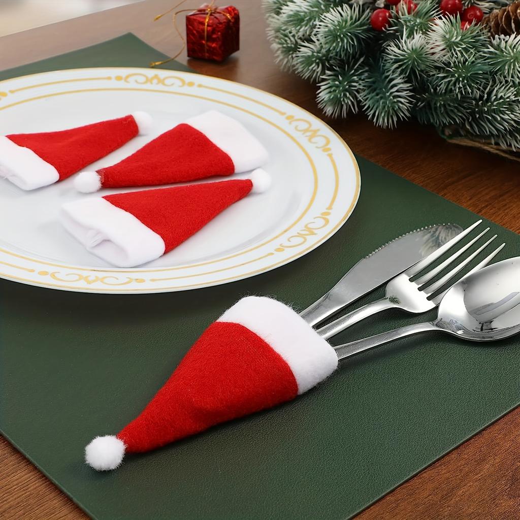 Christmas Knife & Fork Hats 10pcs- 2.36x4.72inch Red Mini Hats for Wine Bottles - Festive Table Decorations