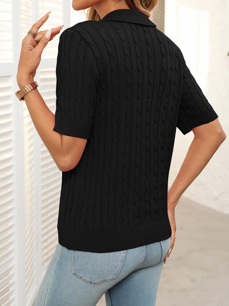 2025 Summer Women's Short Sleeve Lapel Collar V-Neck Cable Knit Pullover Sweater, Casual Chic Knitted Top for Daily & Office Wear