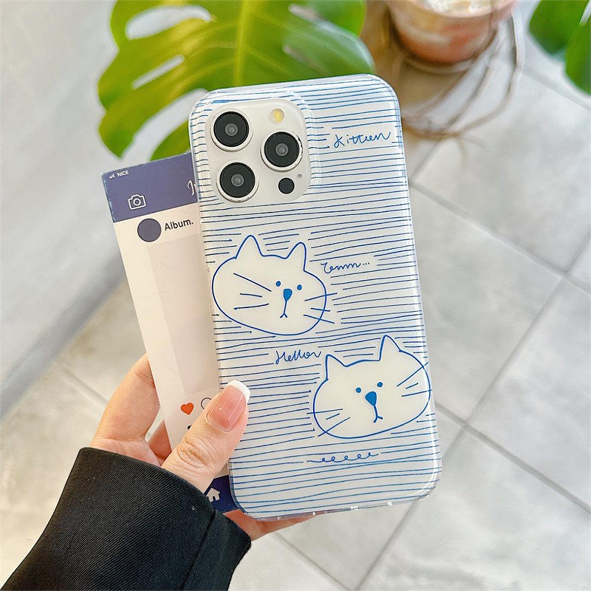 

White Background IMD Mobile Phone Case Blue Double Cat Personality Couple Color Protective Cover Cartoon Anti-fingerprint Ins Style For iphone 17PROMAX