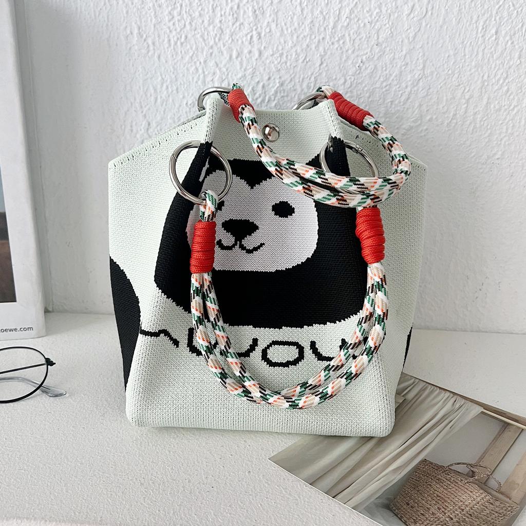 Spring Cute Red Panda Knitted Bucket Bag Female Cartoon Versatile Hand Bag Commuting Portable Handbag