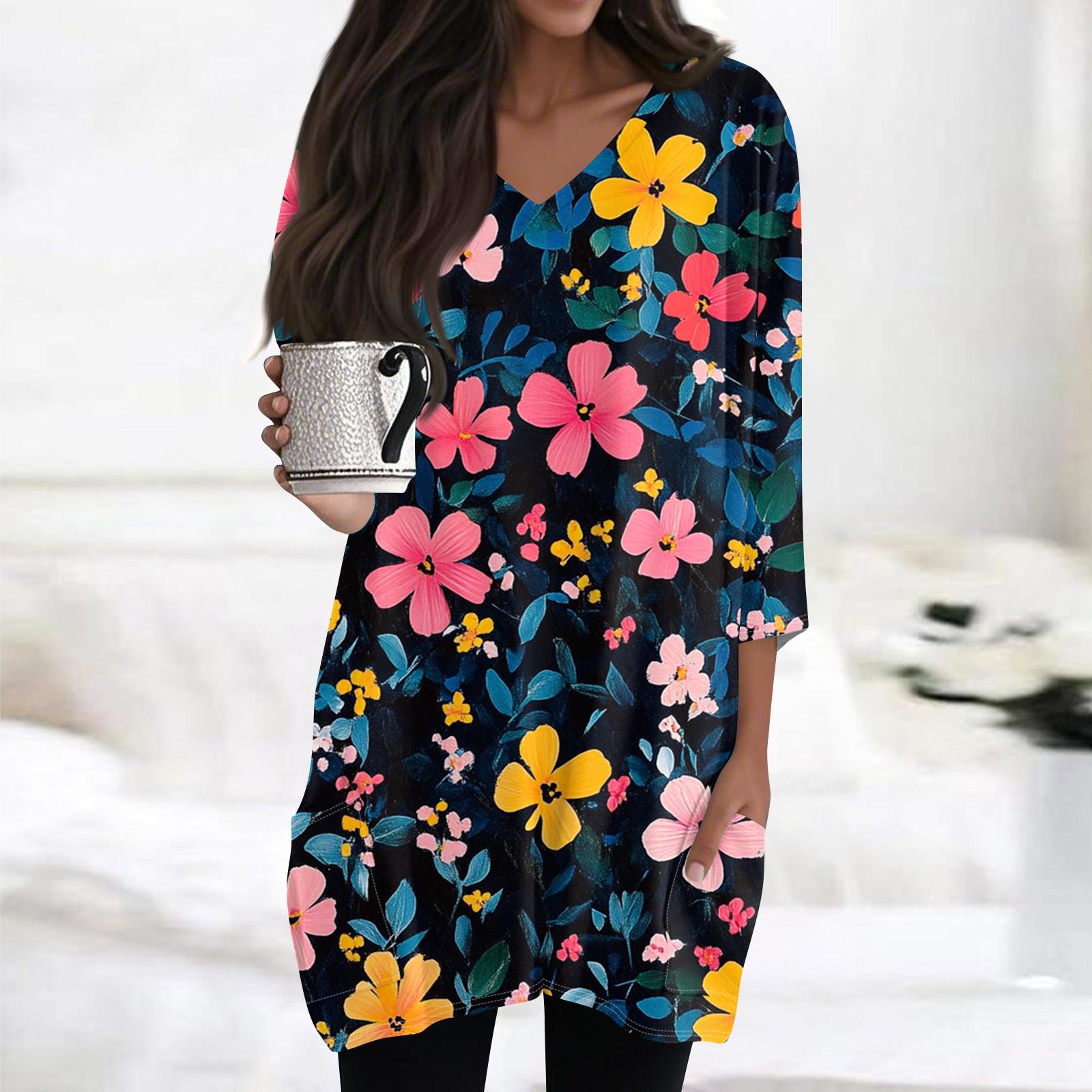 Women s Casual V-neck 3/4 Sleeve Vintage Floral Print Top M тёмно-синий