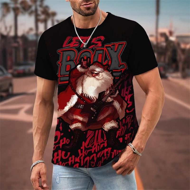 Funny Christmas Pattern T-Shirt For Men Santa Claus Music 3D Print Tees Summer Casual Short Sleeve Loose T Shirts Round Neck Top