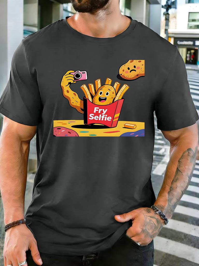 Unisex Crew Neck Tee Funny Fry Selfie Cartoon French Fries Print Short Sleeve Top Summer Daily Outdoor Loose Soft Casual Basic Wear