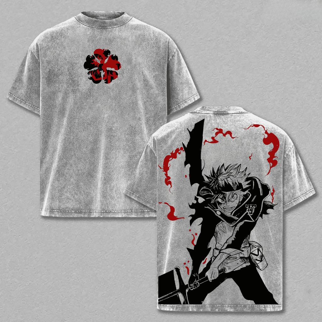 Vintage Anime Black Clover T-shirt Asta Trendy Y2k Washed Oversized T Shirt Summer Short Sleeve Cotton Tees Tops Men Clothing
