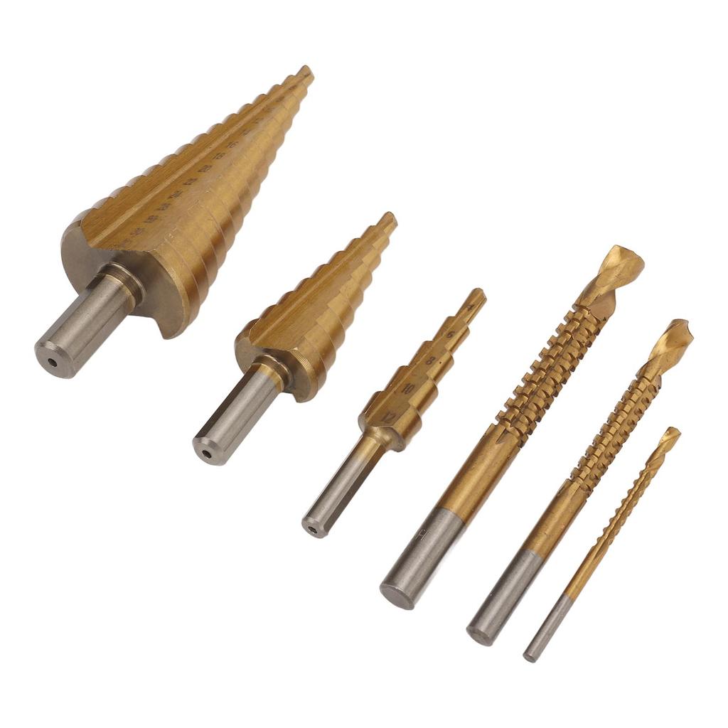 6PCS Step Drill Bit Set Steel Twist and Spiral Step Drill Bit Kit with Triangular Shank for DIY Sheet Aluminum Metal Wood Hole Drilling