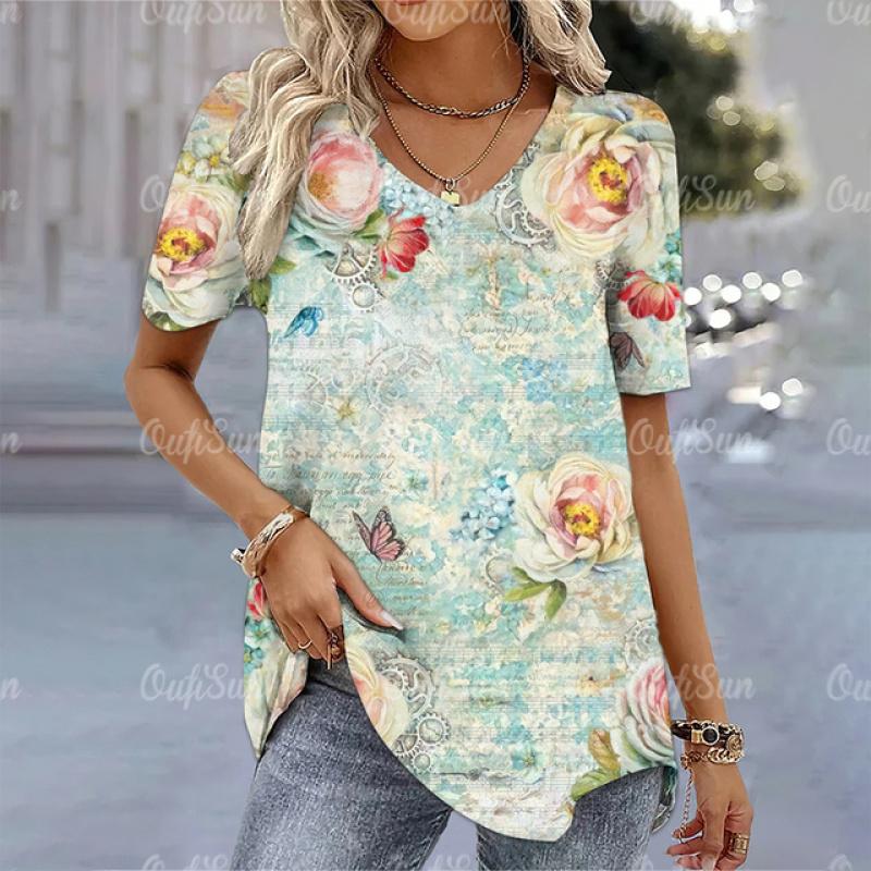 Damska koszulka 3d kwiaty drukuj topy Tee letnia koszulka z dekoltem w serek z krótkim rękawem nowy projekt swetry ponadgabarytowa moda odzież damska