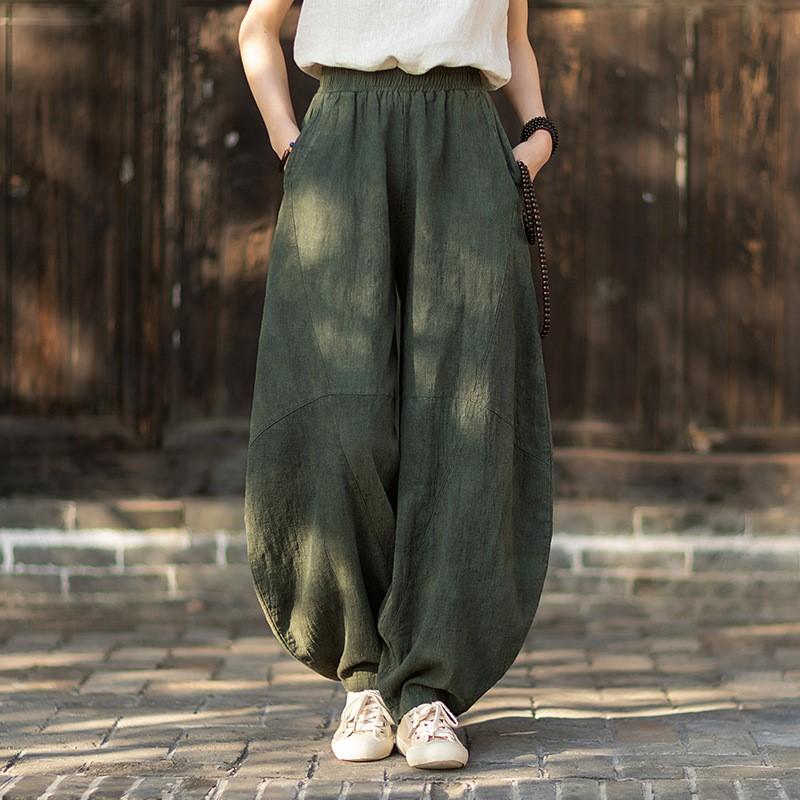 

Johnature Women Vintage Bloomers Pants Spring Chinese Style Trousers Elastic Waist Pockets Pants One Size зелёный