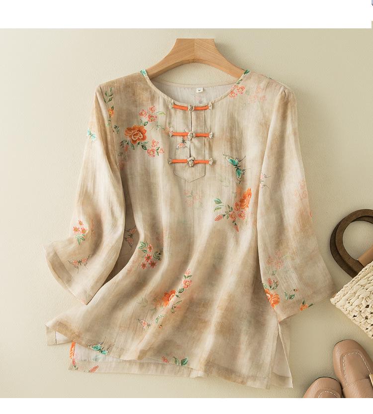 

Trendy Retro Women s Cotton-Linen Top with Frog Buttons - New Summer Arrival 2XL абрикосовый