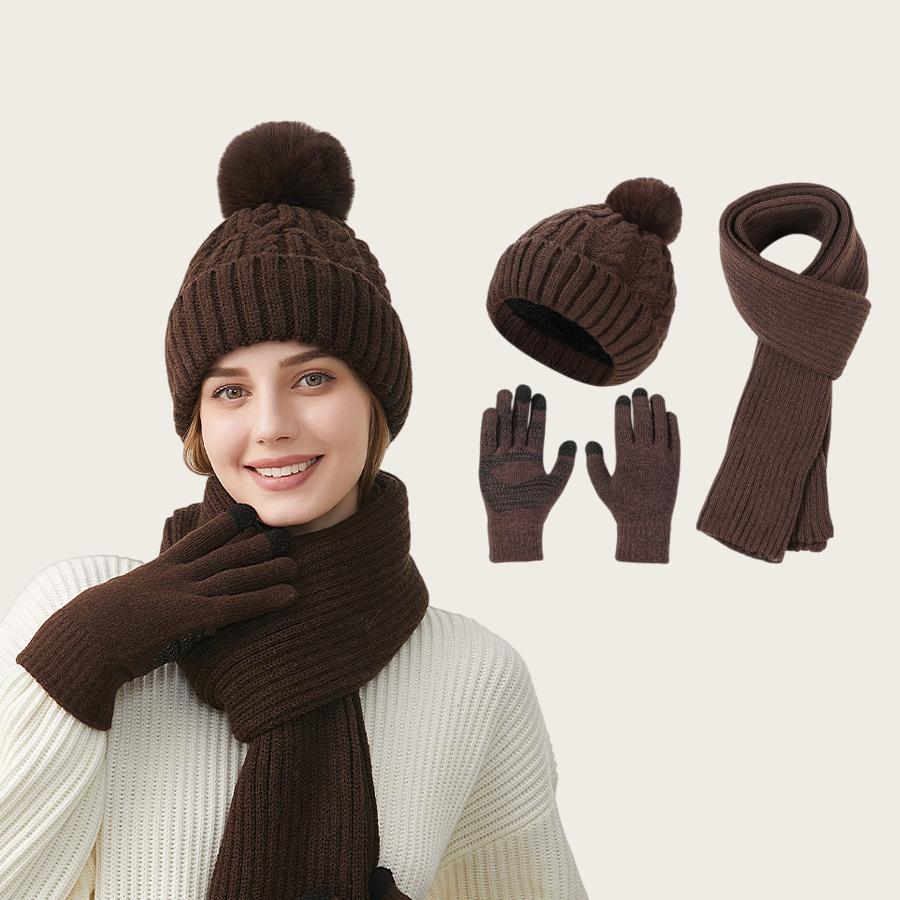 Knitted Hat Scarf Gloves Women's Winter Thick Ear-Warming Hat and Neck Warmer Set 3Pcs
