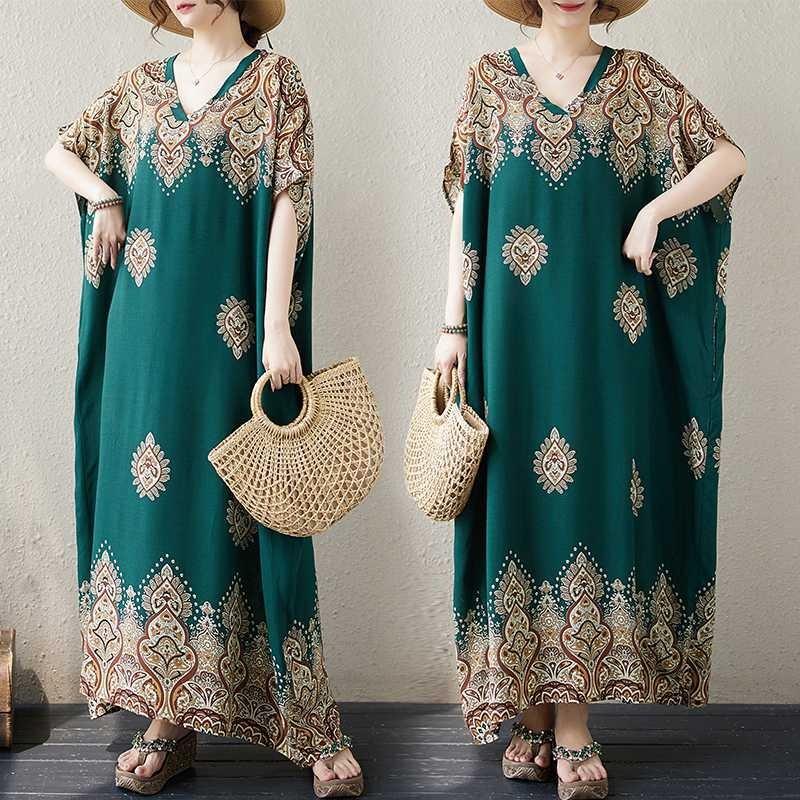 V Neck Fresh Floral Skinny Literary Vintage Bohemian Vacation Long Skirt