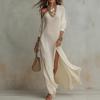 Elegant Long Sleeve Pleated Dress With Slit For Casual And Business Wear