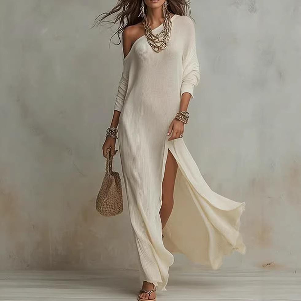 Elegant Long Sleeve Pleated Dress With Slit For Casual And Business Wear