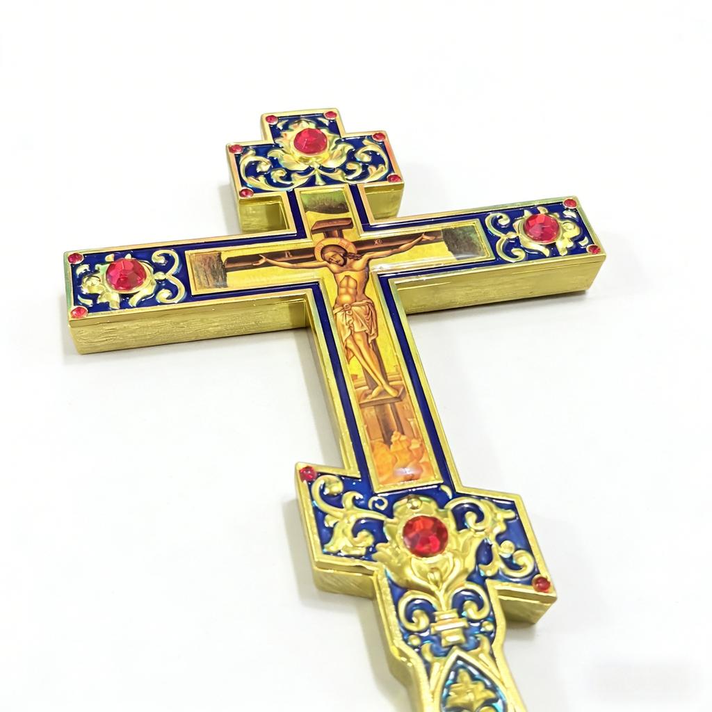 HT Byzantine Orthodox Crucifix Gold-Plated Enamel Cross with Red Rhinestones Hand Christian Cross for Church Prayer Home Decor