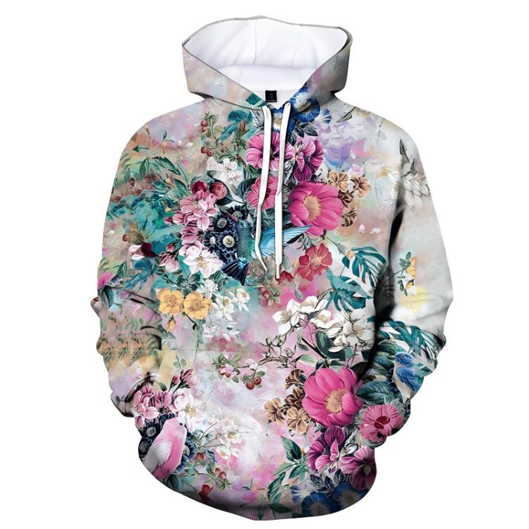 Fashion Women Retro Casual Streetwear Hoodie Long Sleeve Pullover Sweatshirt Hooded Top with 3D Printing Flower