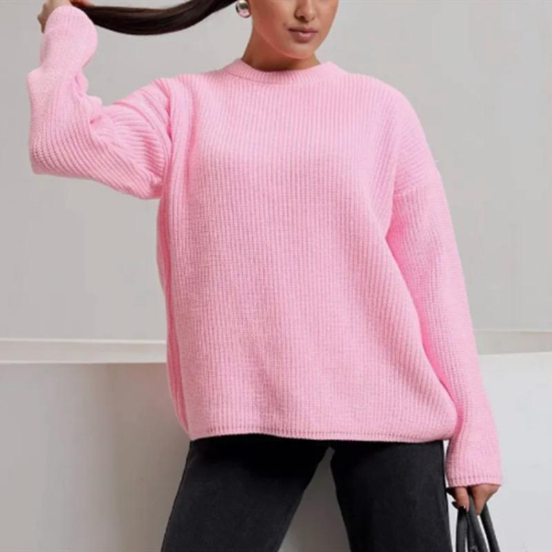 

Solid color crew neck sweater spring and autumn loose knitted sweater top women pullover sweater women S розовый
