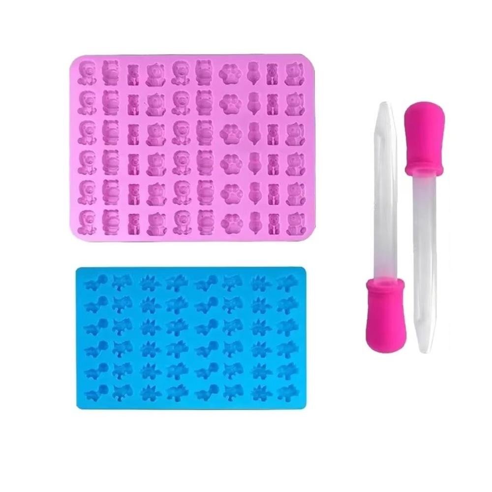 4/7pcs Silicone Candy Mold Set with Bear Dinosaur Donut Heart Mold and 2 Droppers DIY Non-stick Multi-Shape Chocolate Mold