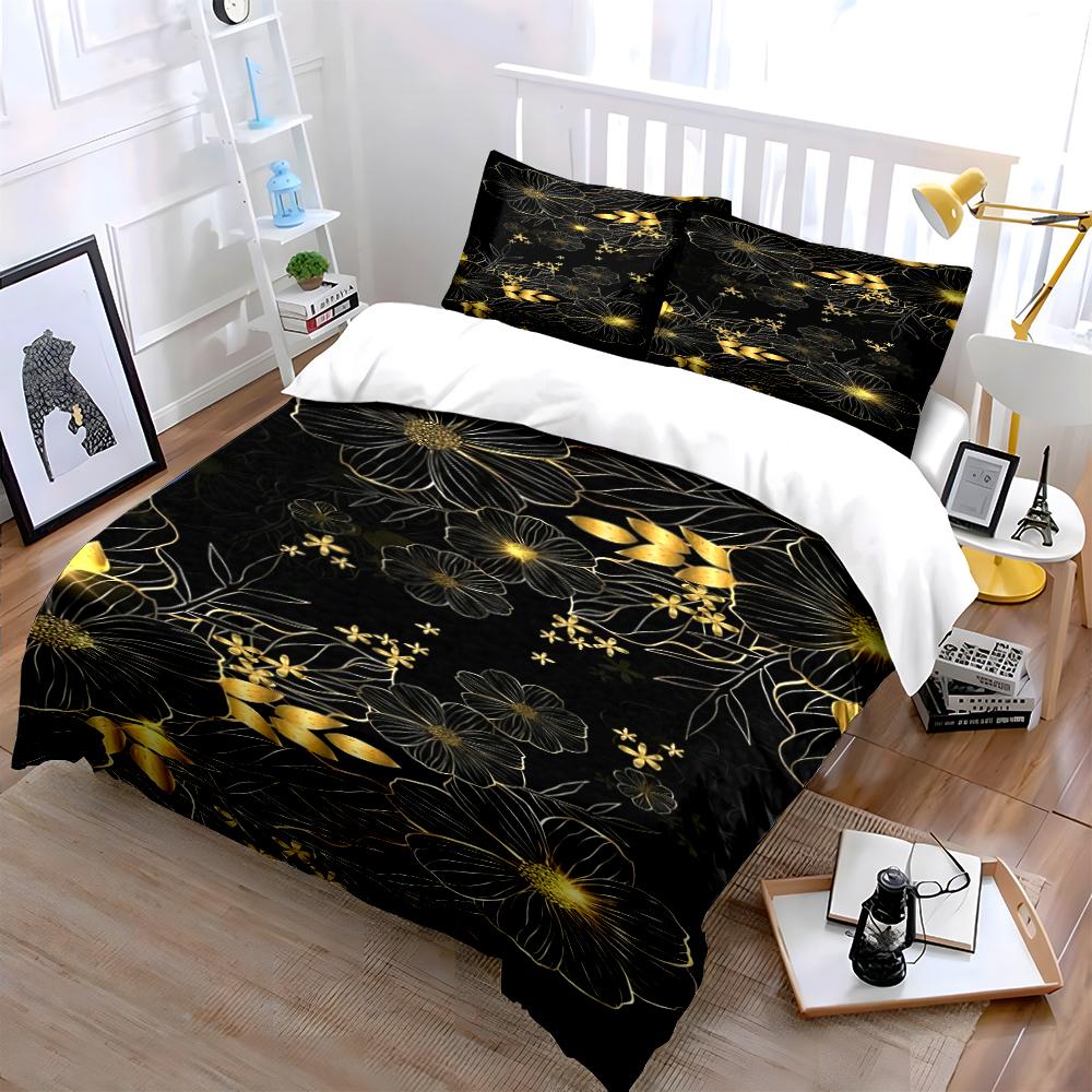 Golden Floral Pattern Bedding Set Bedding Set (1 Duvet Cover, 2 Pillowcases, Duvet Not Included)