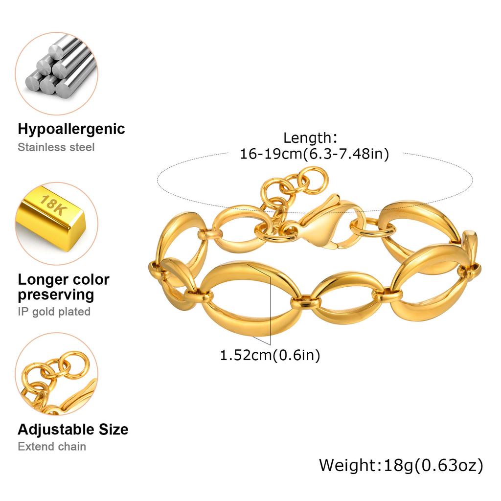 Chunky Stainless Steel Oval  Link Bracelets for Women, 18K Gold Plated Waterproof Minimalist Non-Tarnish Jewelry 