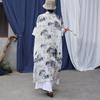 Johnature Vintage Stand Half Sleeve Dress For Women Chinese Style Print Ink Wash Painting Summer Dress