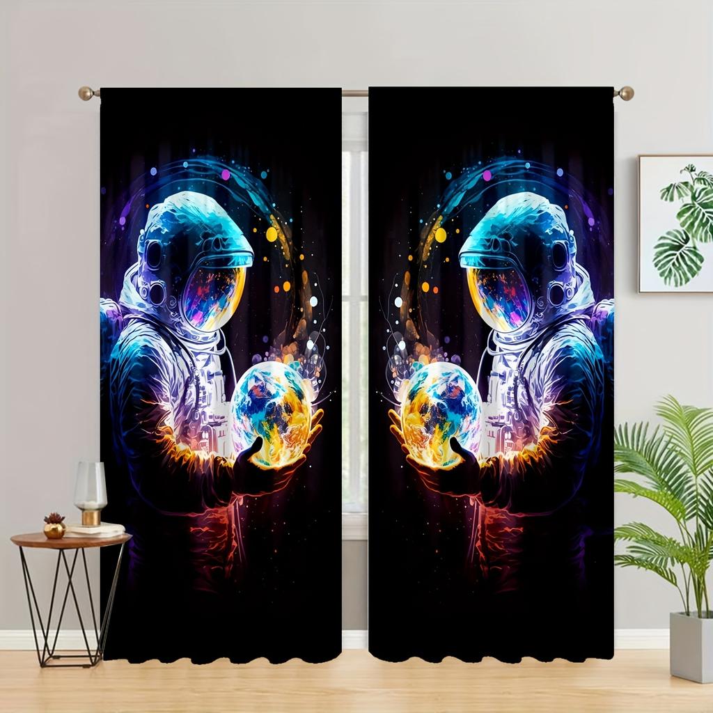Cartoon Weltraum Astronaut Vorhänge 2 Stück Fensterdekoration für Schlafzimmer Büro Küche Wohnzimmer Heimdeko Raumdekoration