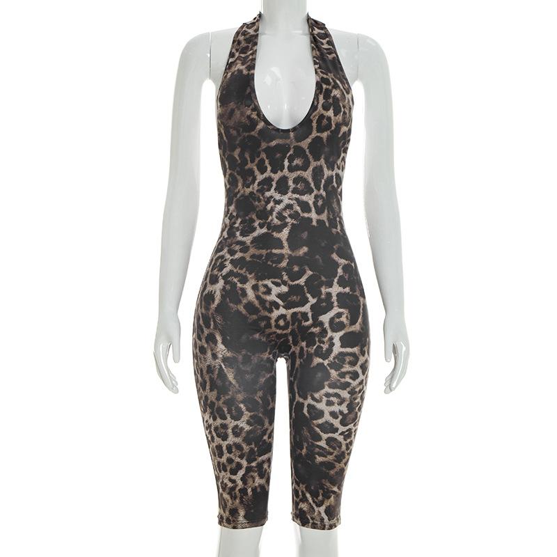 Mono Sexy para Mujer con Estampado de Leopardo, Cuello Halter, Escote en V Profundo, Espalda Descubierta, Ropa de Club