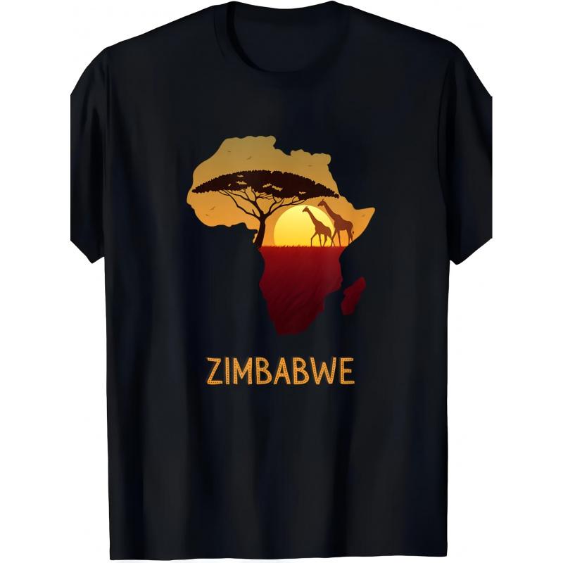 Zimbabwe African Adventure Men's T-Shirt - Featuring a Wildlife Print with a Map of Zimbabwe, This Soft Crew Neck T-shirt Is Perfect for Travel and