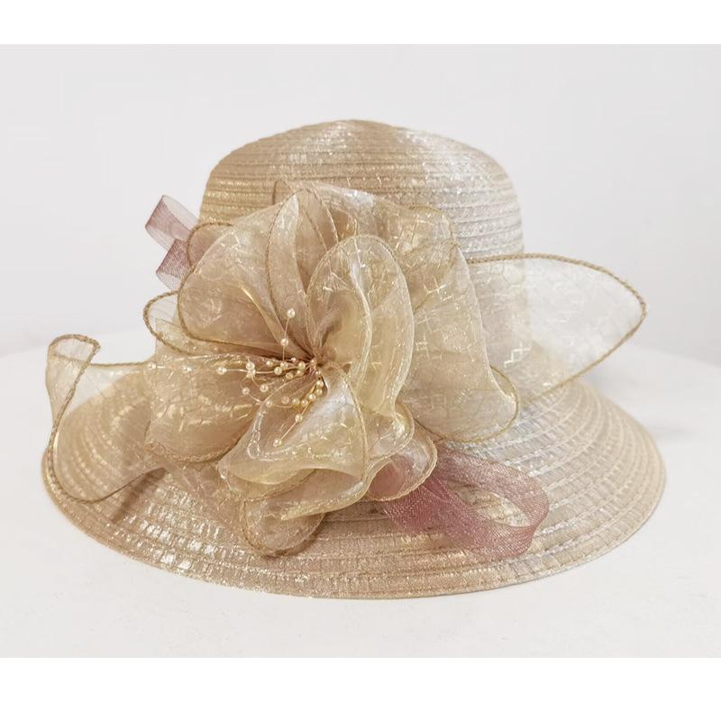New hat women's summer straw visor sunscreen big edge organza flower straw hat beach hat