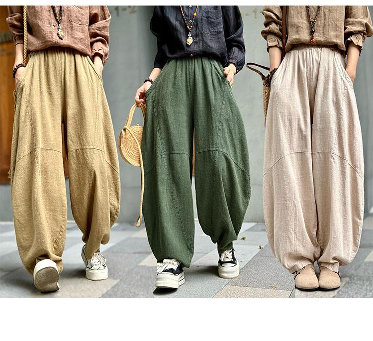 Women's Cotton Linen Loose Lantern Pants - Autumn Zen Meditation Tai Chi Style