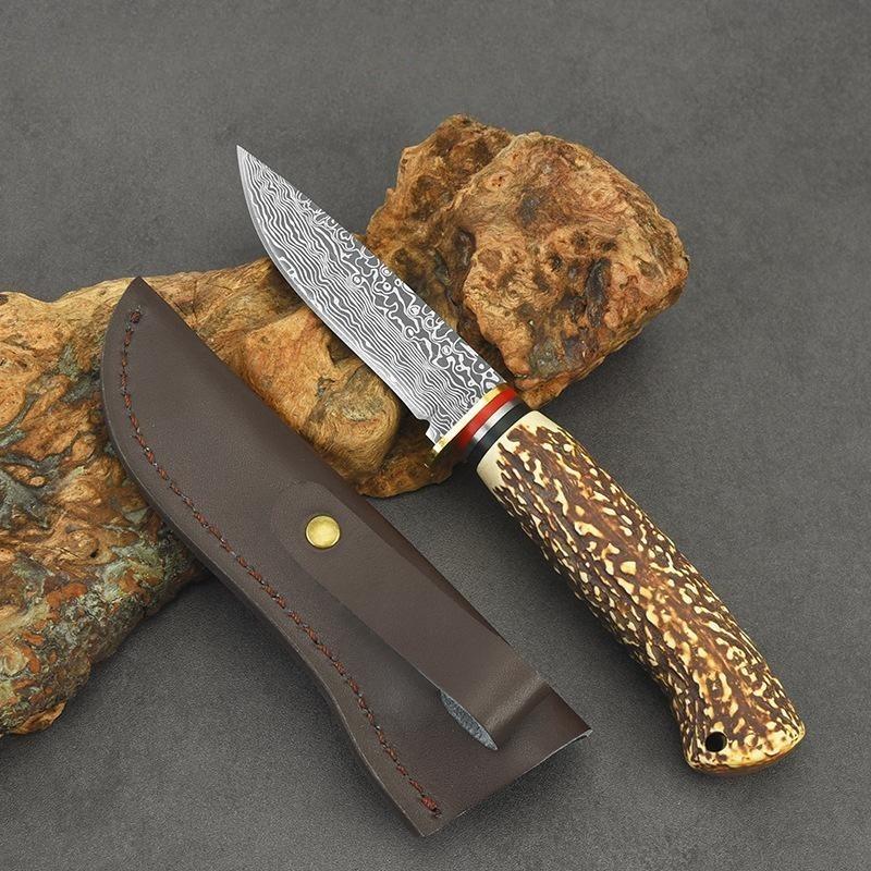 Outdoormesser Damaskus Gemusterter Griff aus Knochenimitat Fleischschneiden Innere Mongolei Fleischmesser D3 Gerades Messer