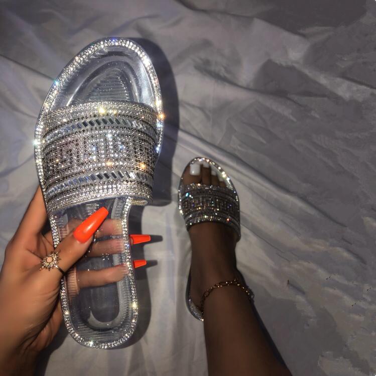 Mode 2025 dam nya runda tå hem platta tofflor diamant paljetter ord gelé transparent färg vardagliga hem sandaler/tofflor