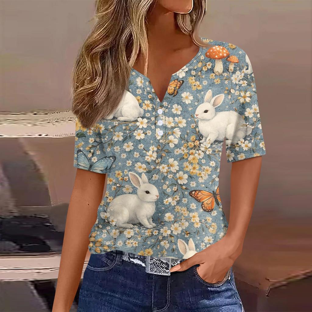 Tricou damă, tricou cu imprimeu, nasturi, mânecă scurtă, tunică, modă zilnică de weekend, top simplu cu decolteu în V, stil regulat