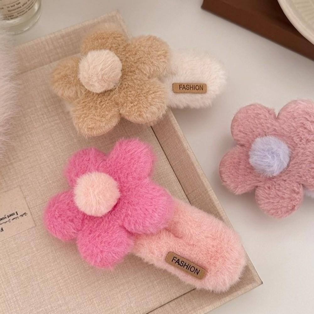 Cute Plush Flower Hair Clip Sweet Duckbill Clip Flyaway Hair Headwear Accessories  Autumn Winter