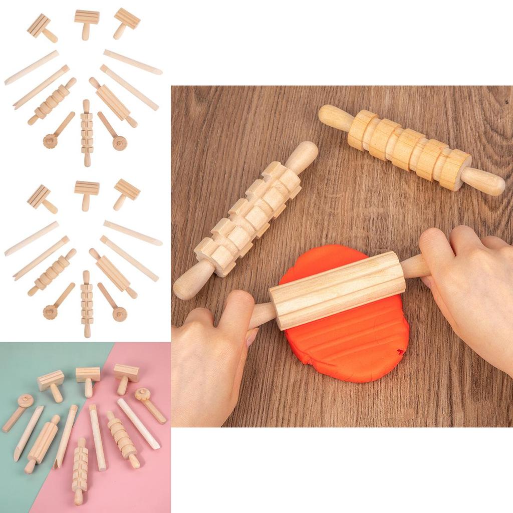 Wooden Pasta Rolling Pin With Textured Surface For Kids Diy Craft And Play