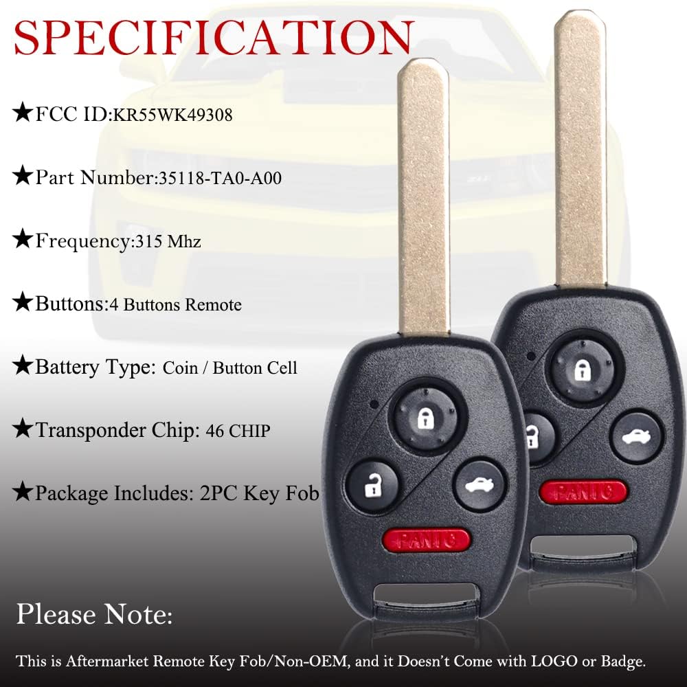 MechanMagic Key Fob Remote Replacement Fits for Honda Pilot 2009 2010 2011 2012 2013 2014 2015/ Accord Sedan 2008-2012 KR55WK49308 Keyless Entry