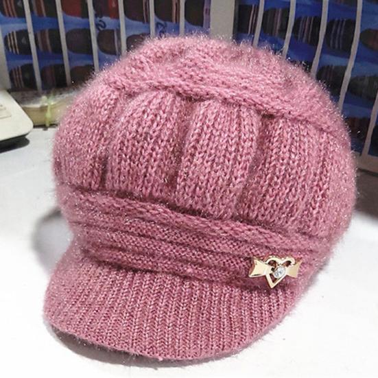 Knitted Hat Peaked Love Heart Decor Thickened Plush Lining Keep Warm Solid Color Winter Thermal Middle-aged Women Cap for Gift