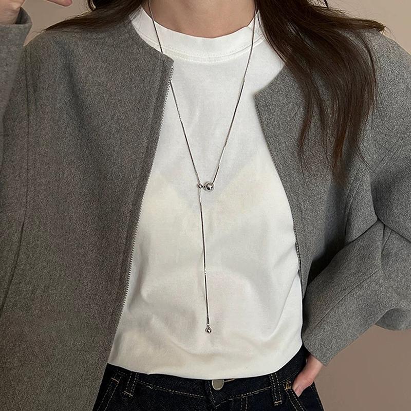 Personality Design Silver Color Stainless Steel Beaded Ball Pendant Necklace For Women Double Layer Hip Hop Rock Chokers Jewelry