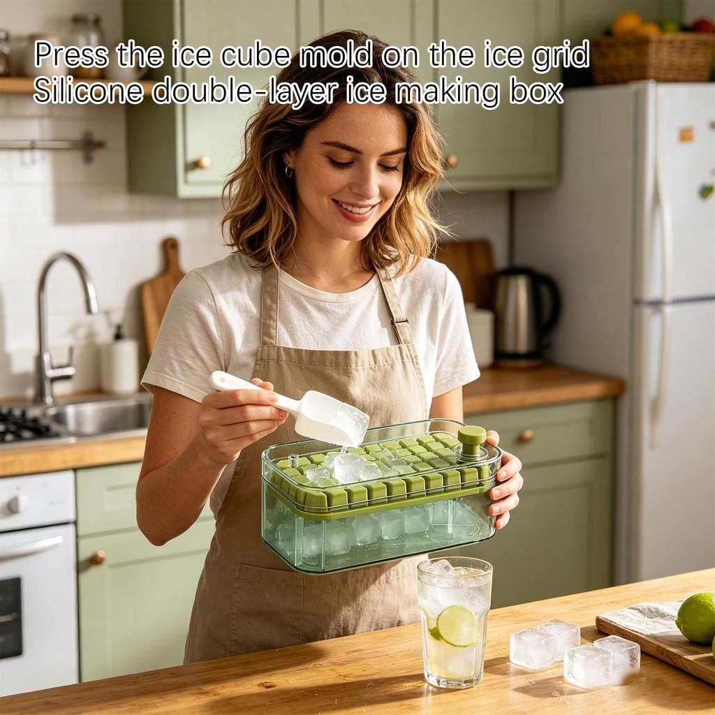 Silicone Ice Cube Tray with Press and Lid Double Layer Food Grade Ice Mold for Home Use Easy Release Storage Container