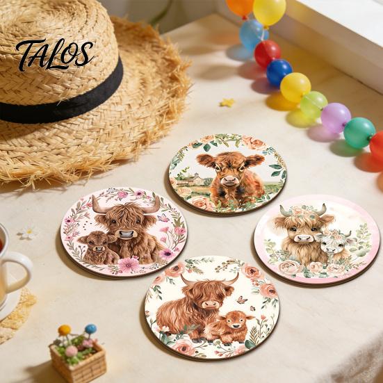 Heat Resistant Cork Cup Mats Highland Cow Coasters, Cute Floral Farmhouse Drink with Vintage Flower Print Holders Non-Slip Base, Table Protector