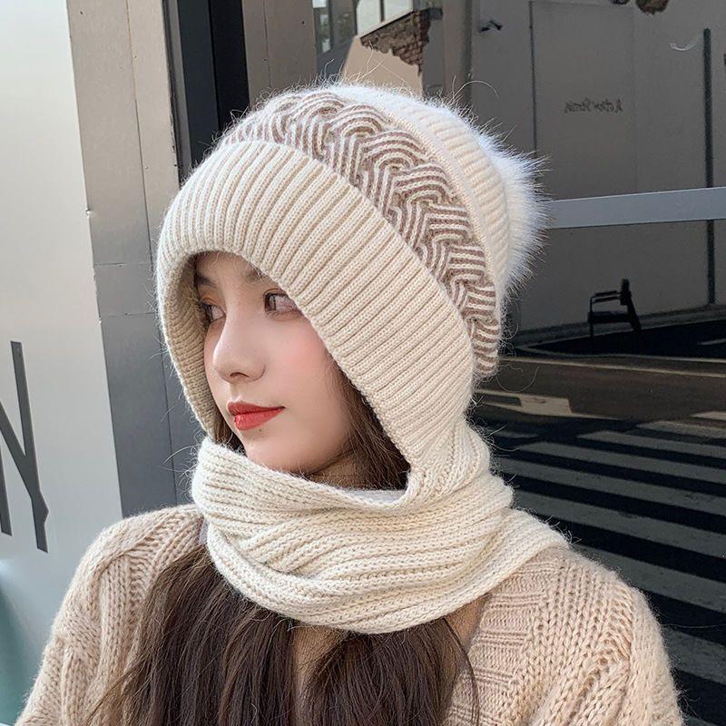 Women's Korean-Style Velvet Knit Hat & Scarf Set - Warm, Versatile, with Ear Protection for Autumn and Winter.
