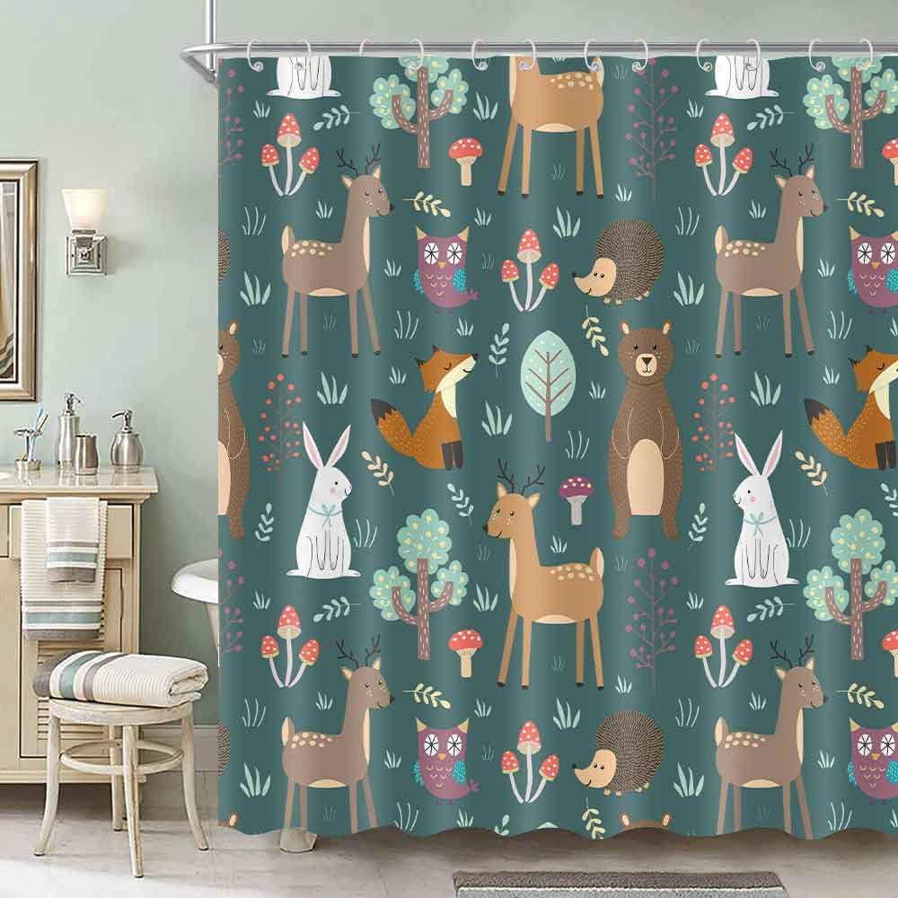 Cute Fox Bear Mushroom Floral Fabric Shower Curtain Boho Vintage Plants Nature Flowers Retro Bohemian Botanical Nature Bath