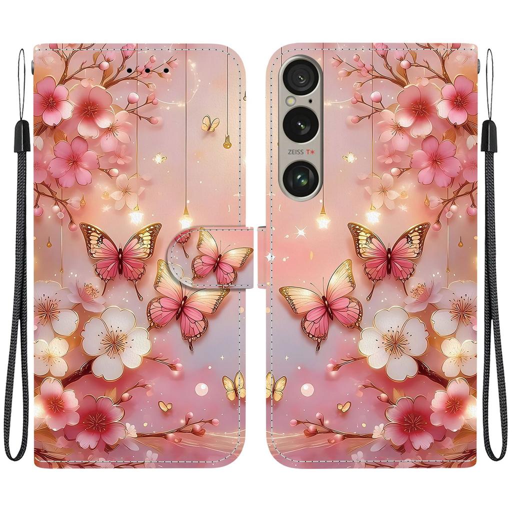 Handmade PU Leather Flip Case for Sony Xperia 1 VI Anti-Slip Shockproof Cover with Wrist Strap & Heart/Rose Cat Designs