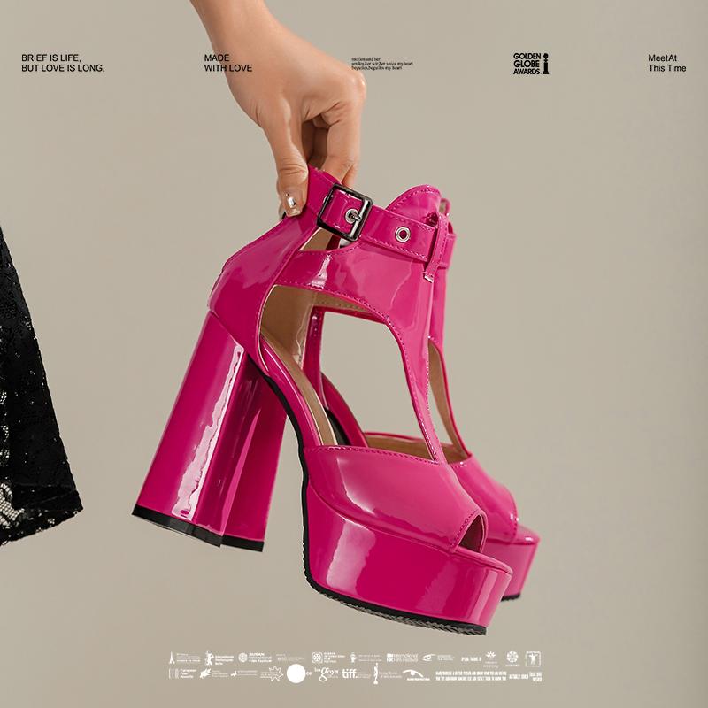 2025 Plus Size Champagne Gold Belt Buckle Peep Toe Shoes Super High Thick Heel Platform Breathable Summer Women's Sandals