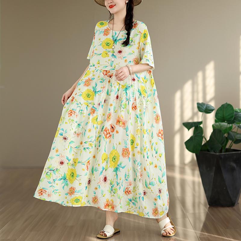 DIMANAF New 2026 Sundress Women Plus Size Summer Casual Print Floral Maxi Long Dress Cotton Loose Oversize Beach Holiday