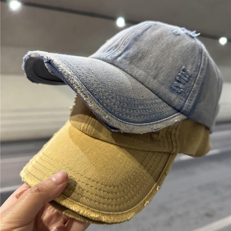 New vintage washed denim baseball cap with holes, retro duckbill cap for men and women, frayed edge sun hat, versatile