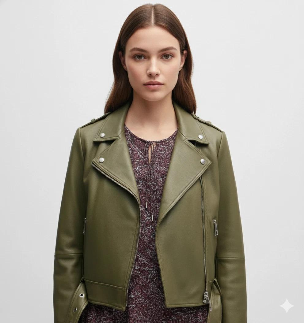 

Women s Green Stylish Motorcycle Jacket Genuine Casual Real Lambskin Leather Handmade 3XL зелений
