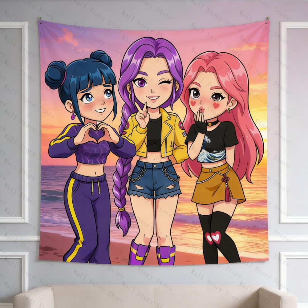 Anime Trio Girl Tapestry Cartoon Wall Hanging Bohemian Aesthetic Decor for Bedroom Living Room Dorm Multiple Scene Use Tapestry