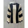 Damski Sweter Dzianinowy Casualowy w Paski Patchworkowy Okrągły Dekolt Rozszerzane Długie Rękawy Luźny Modny Dzianinowy Top Casualowy Wszechstronny Miękki Stylowy Sweter Dzianinowy Płaszcz