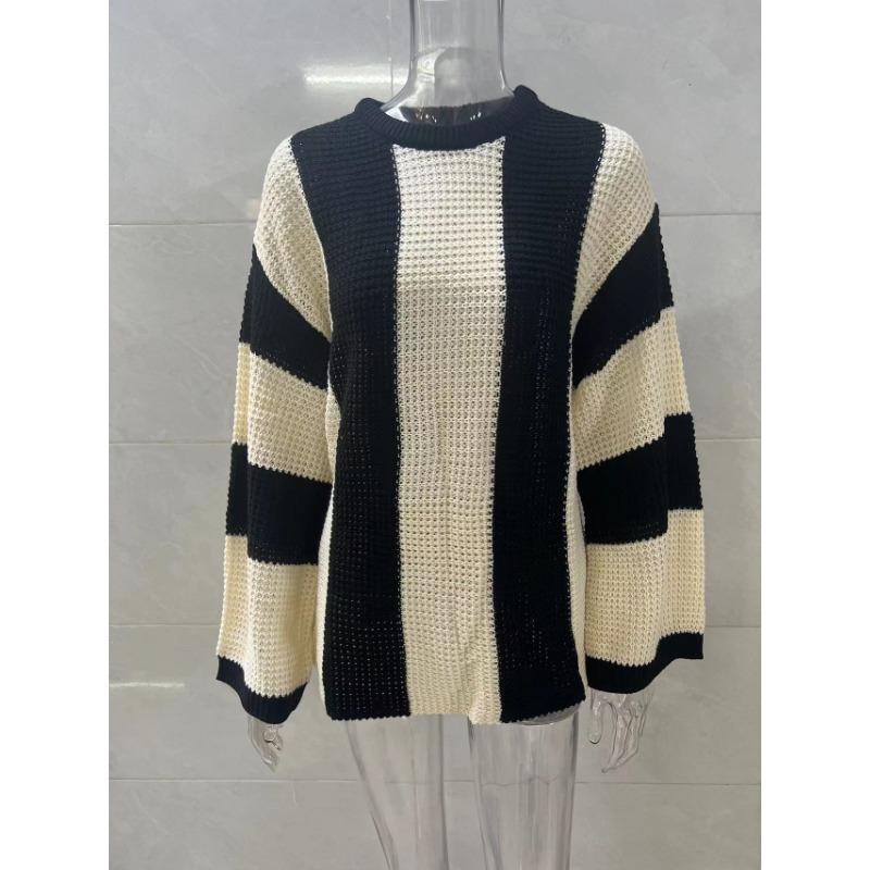 Damski Sweter Dzianinowy Casualowy w Paski Patchworkowy Okrągły Dekolt Rozszerzane Długie Rękawy Luźny Modny Dzianinowy Top Casualowy Wszechstronny Miękki Stylowy Sweter Dzianinowy Płaszcz