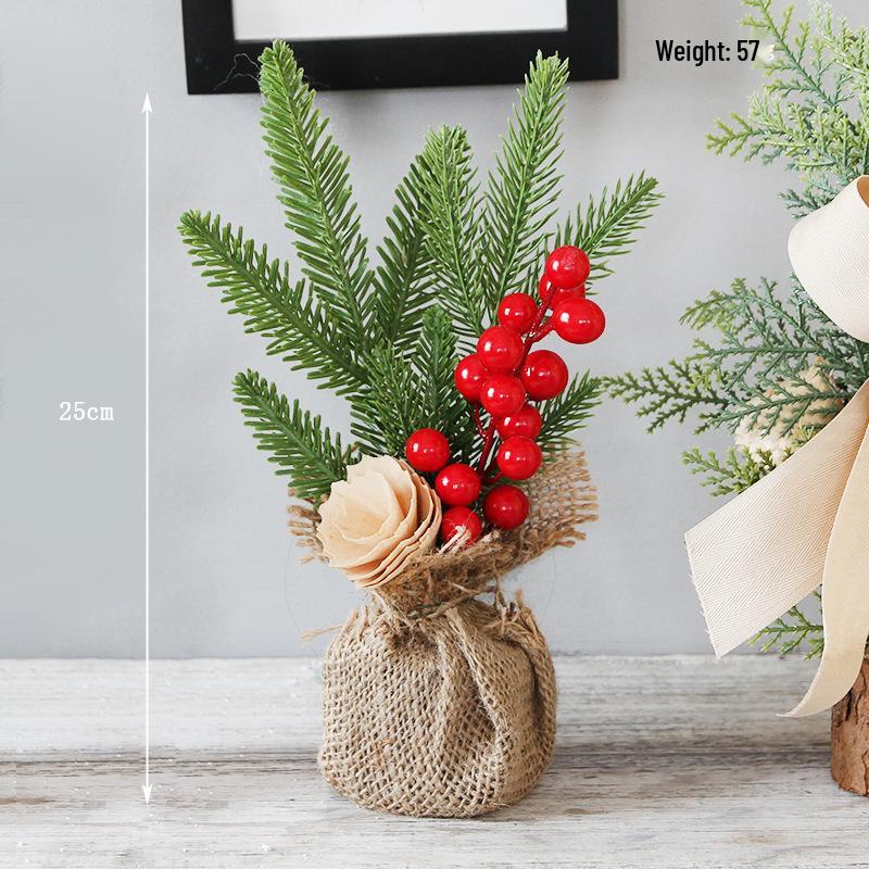 25cm Mini Christmas Tree with Pine Needles, Red Berries, and Acorns for Desktop or Window Decoration